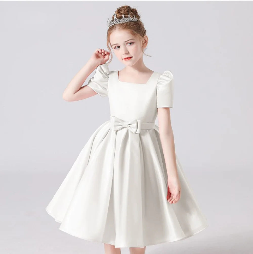 Dideyttawl Customized Satin Short Flower Girl Dress Square Collar First Communion Kids Birthday Concert Party Junior Bridesmaid