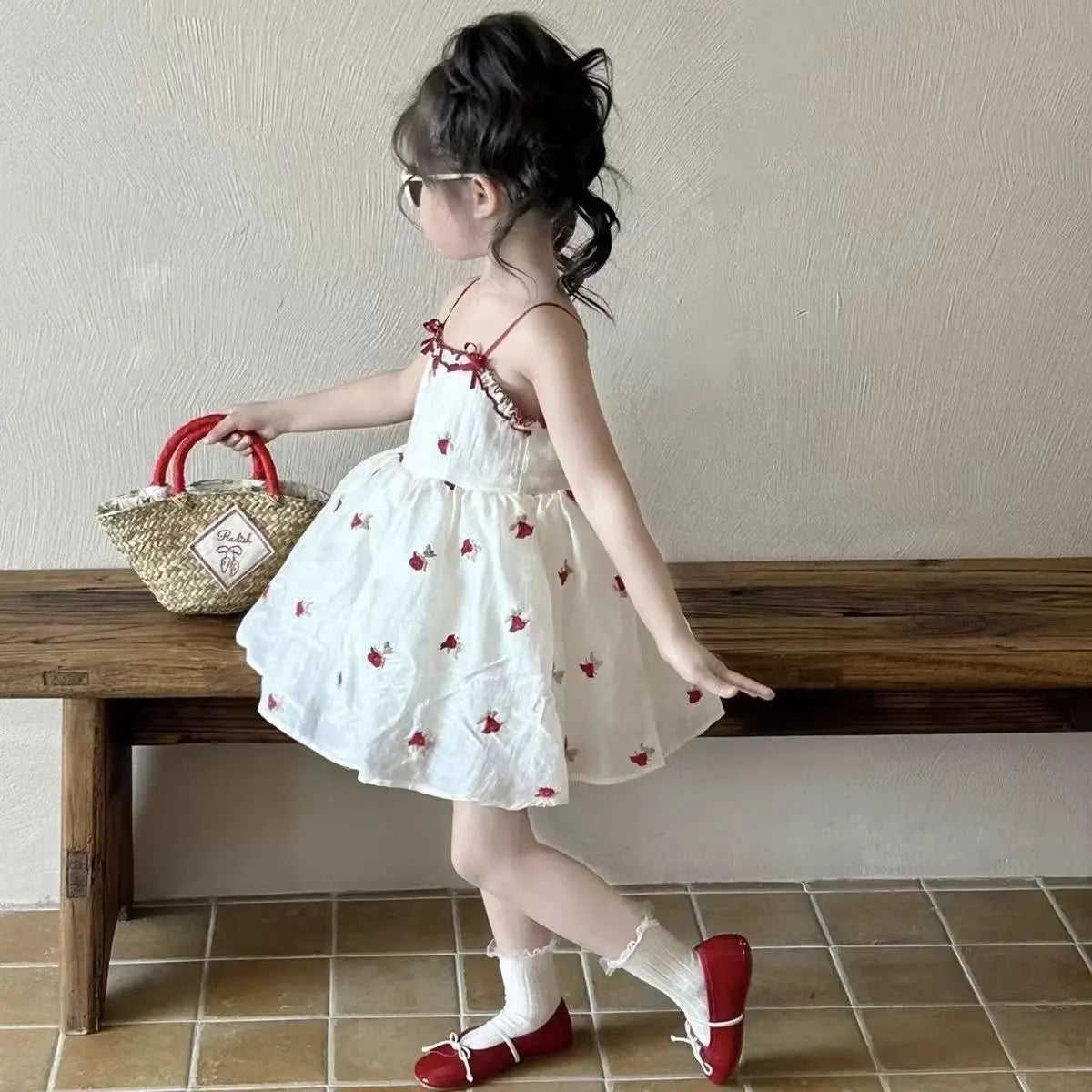 Girls' Spring and Autumn Set New Children's Knitted Shirt Red Floral Dress 2-piece Set