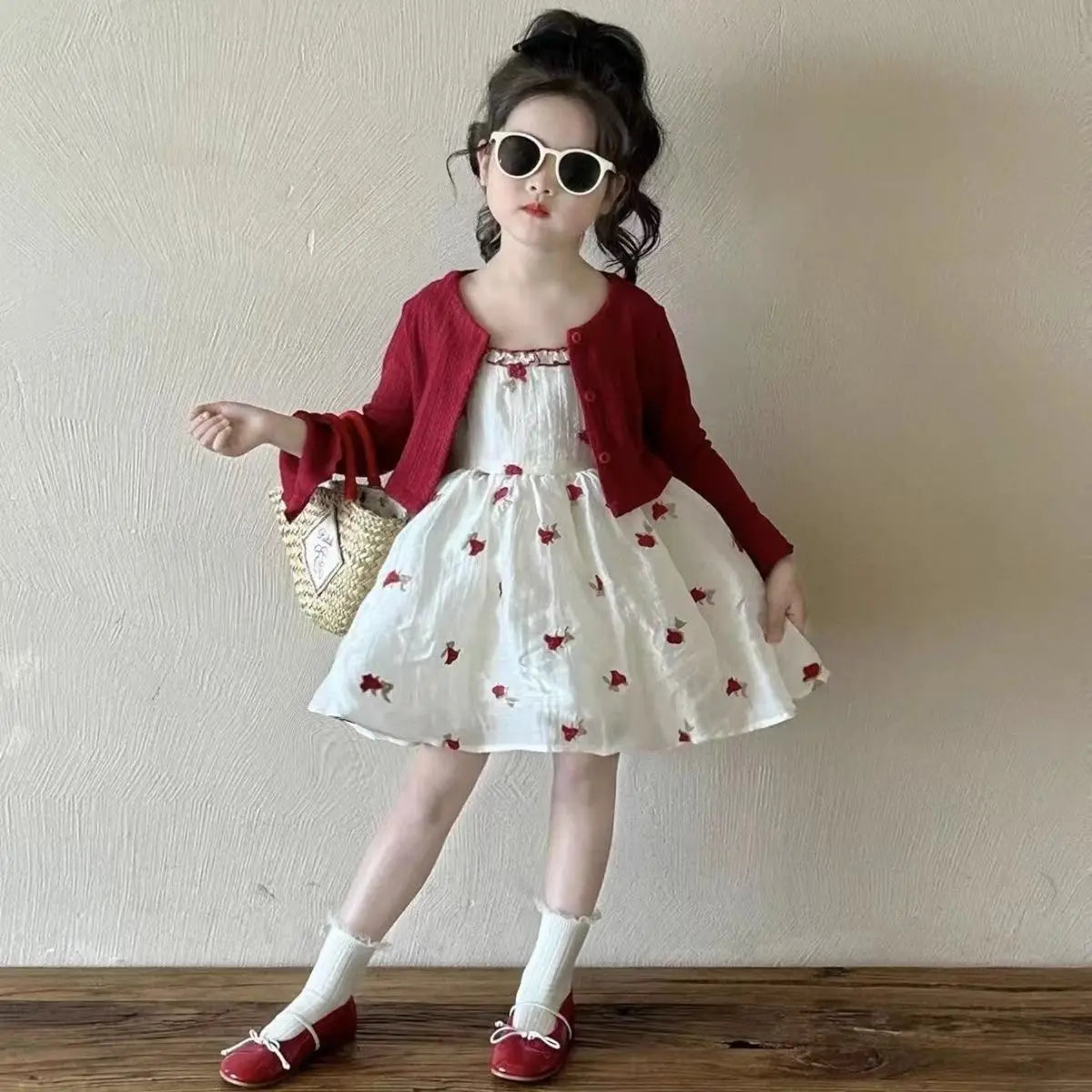 Girls' Spring and Autumn Set New Children's Knitted Shirt Red Floral Dress 2-piece Set