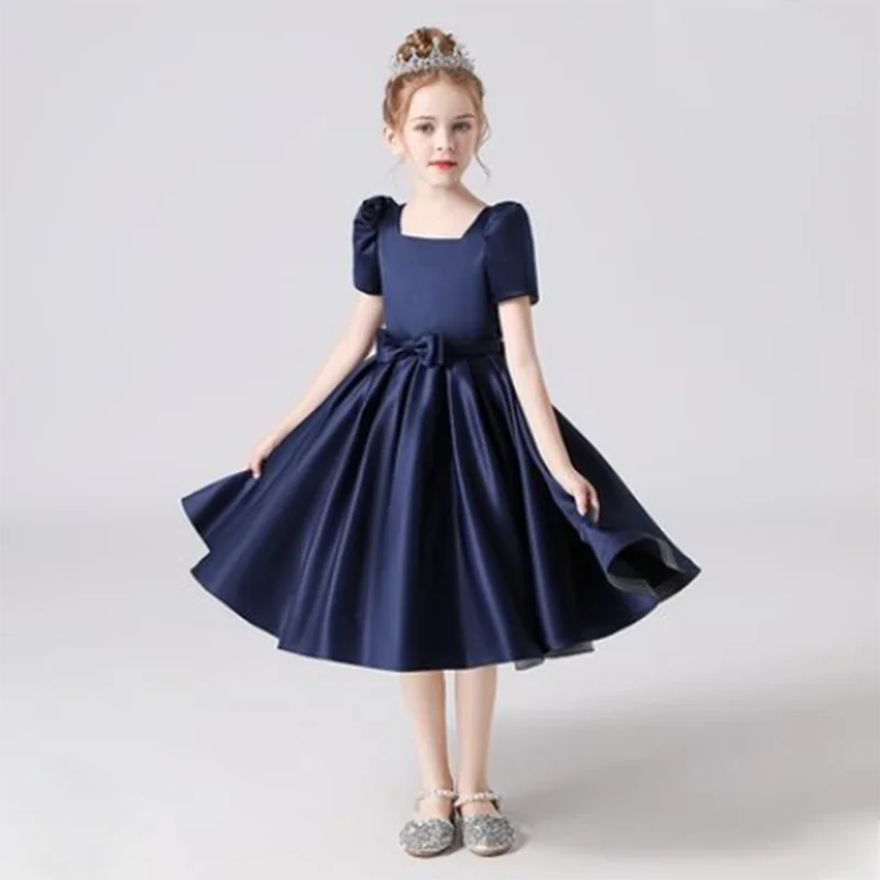 Dideyttawl Customized Satin Short Flower Girl Dress Square Collar First Communion Kids Birthday Concert Party Junior Bridesmaid