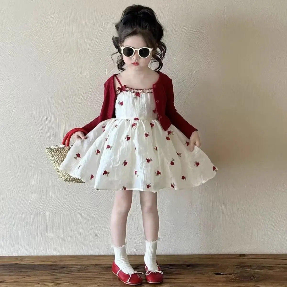 Girls' Spring and Autumn Set New Children's Knitted Shirt Red Floral Dress 2-piece Set