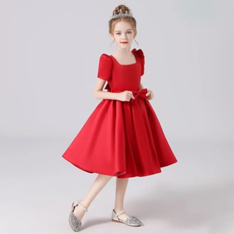 Dideyttawl Customized Satin Short Flower Girl Dress Square Collar First Communion Kids Birthday Concert Party Junior Bridesmaid