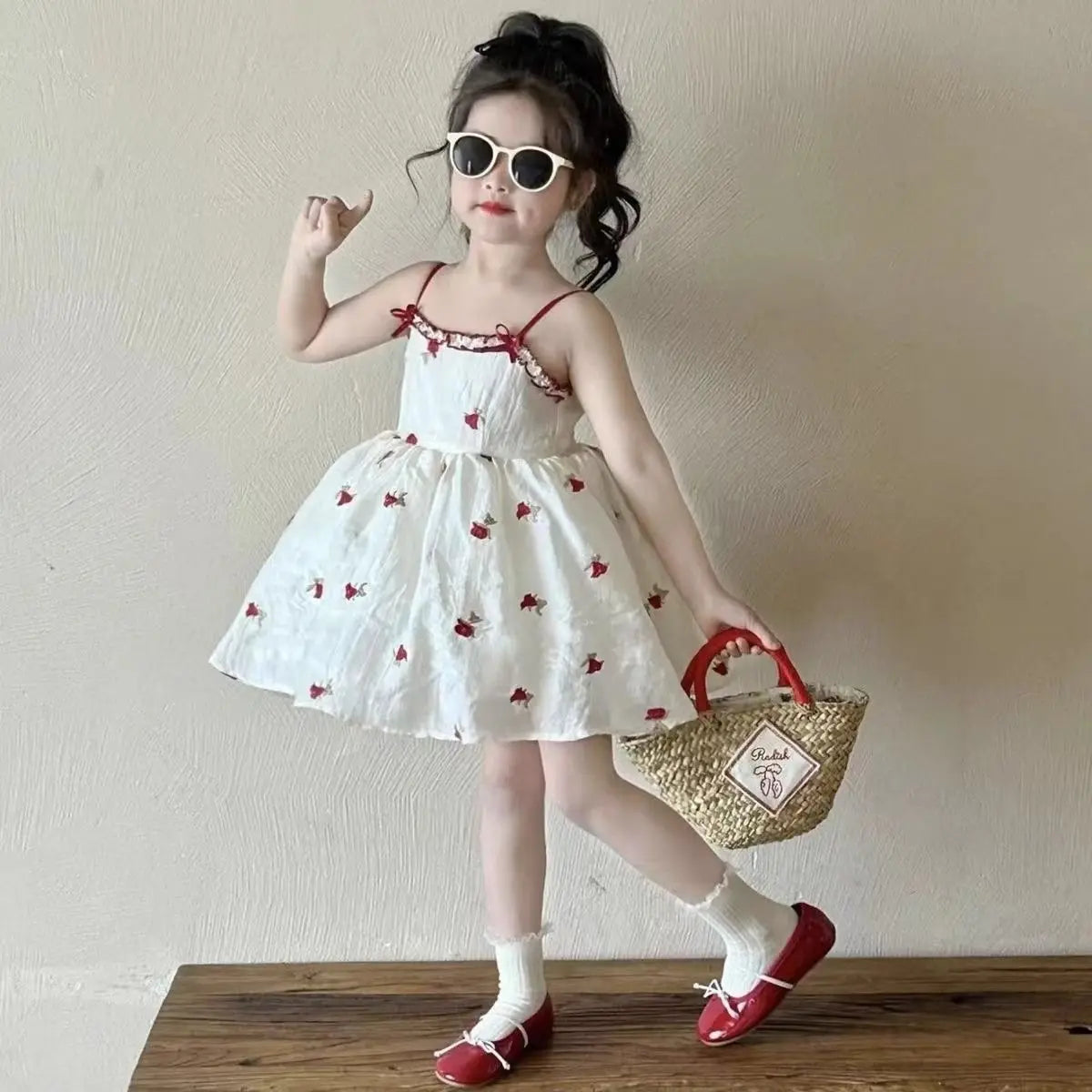 Girls' Spring and Autumn Set New Children's Knitted Shirt Red Floral Dress 2-piece Set