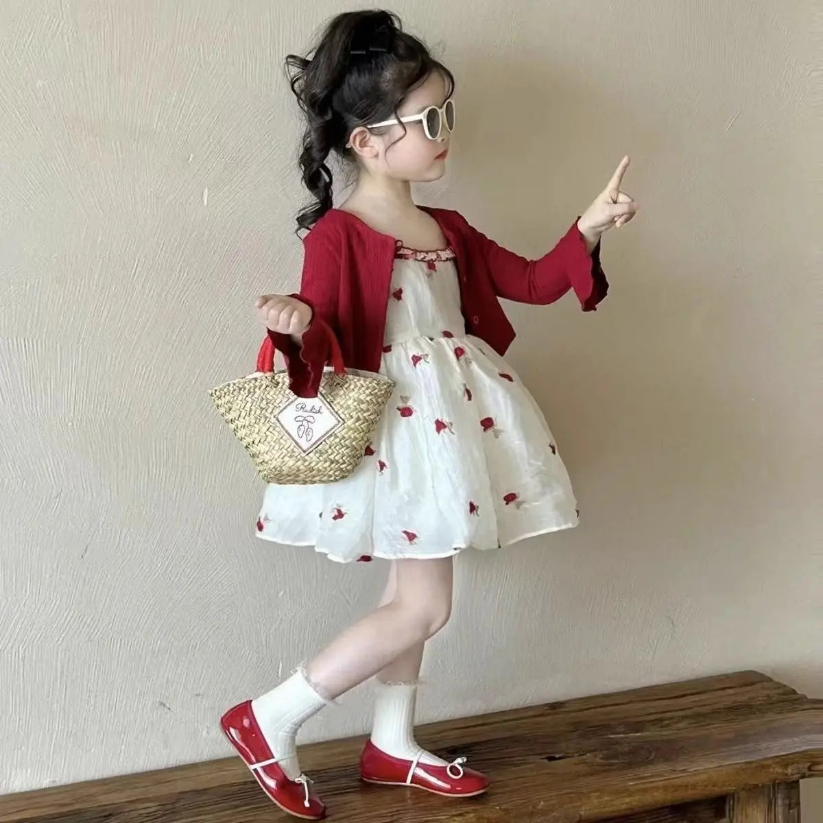 Girls' Spring and Autumn Set New Children's Knitted Shirt Red Floral Dress 2-piece Set