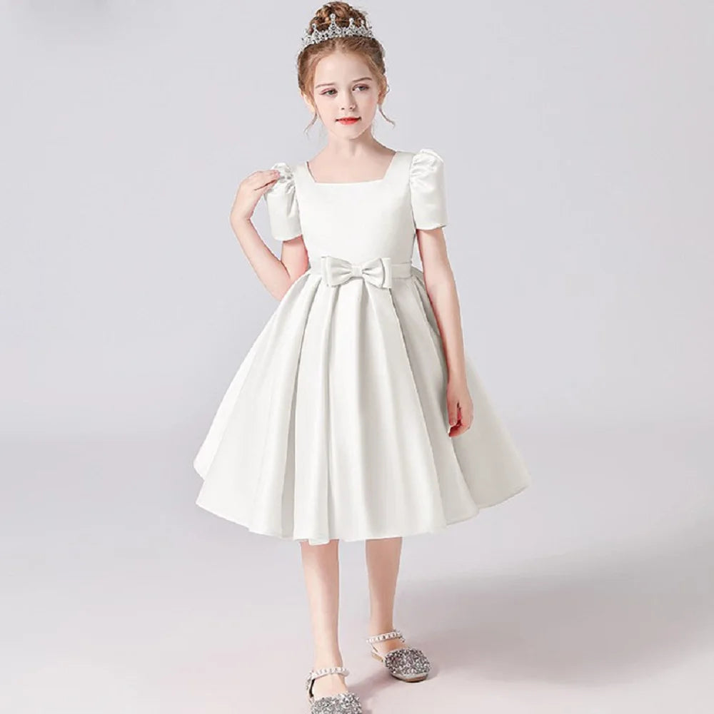 Dideyttawl Customized Satin Short Flower Girl Dress Square Collar First Communion Kids Birthday Concert Party Junior Bridesmaid