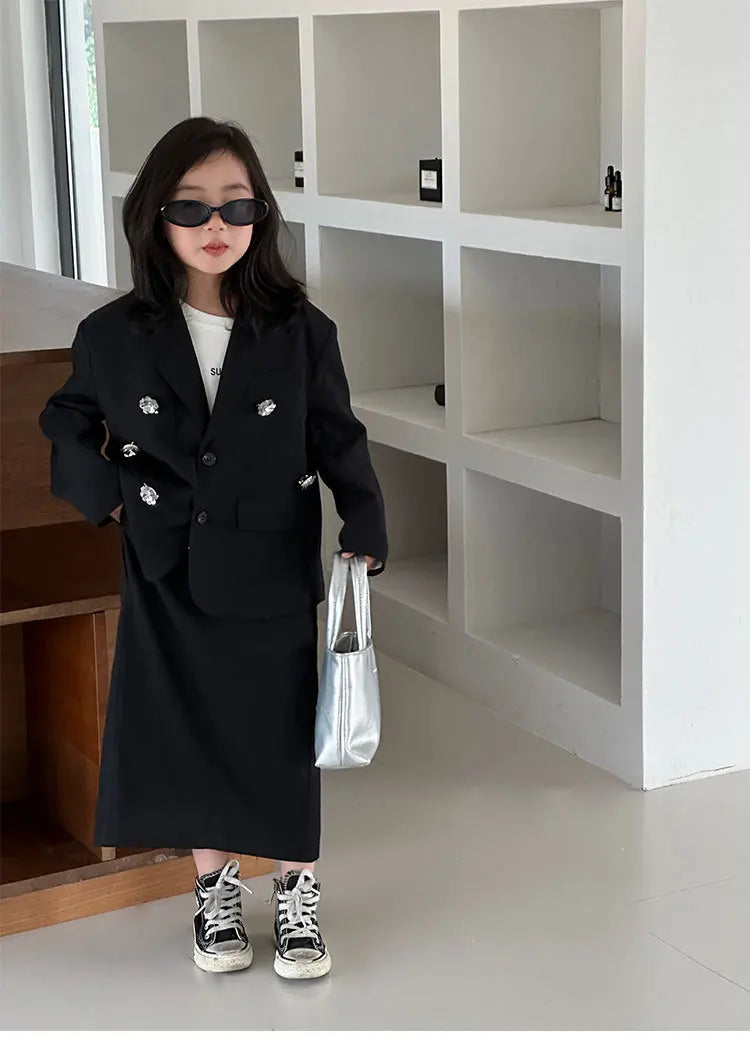 Girls Grey Suit Autumn 2025 Casual Loose Blazer Skirt Two Pieces School Uniform for Kids Wedding Party Formal Costumes 2-13 Year