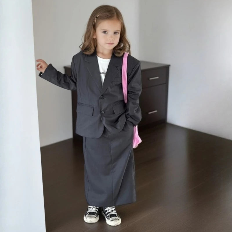 Girls Grey Suit Autumn 2025 Casual Loose Blazer Skirt Two Pieces School Uniform for Kids Wedding Party Formal Costumes 2-13 Year