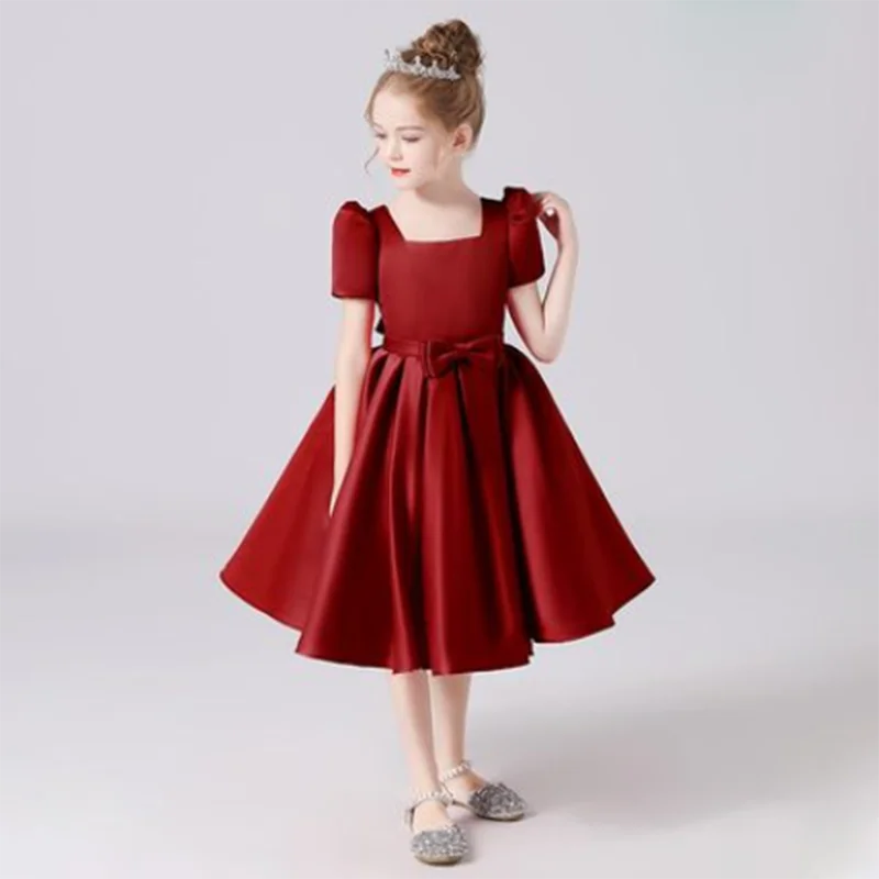 Dideyttawl Customized Satin Short Flower Girl Dress Square Collar First Communion Kids Birthday Concert Party Junior Bridesmaid