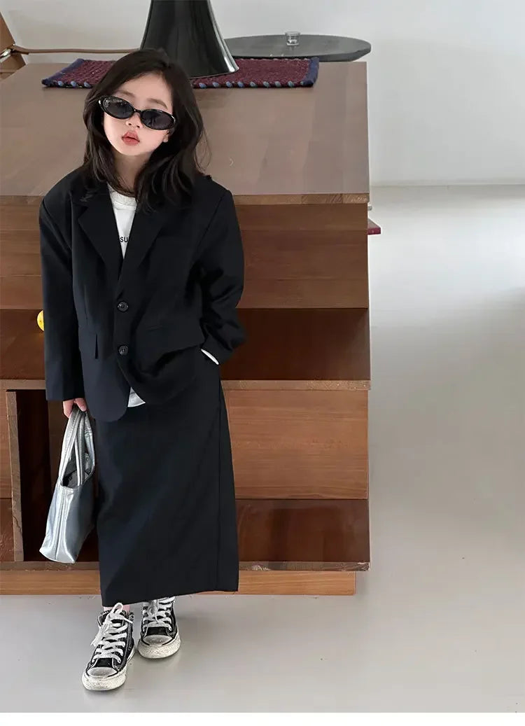 Girls Grey Suit Autumn 2025 Casual Loose Blazer Skirt Two Pieces School Uniform for Kids Wedding Party Formal Costumes 2-13 Year
