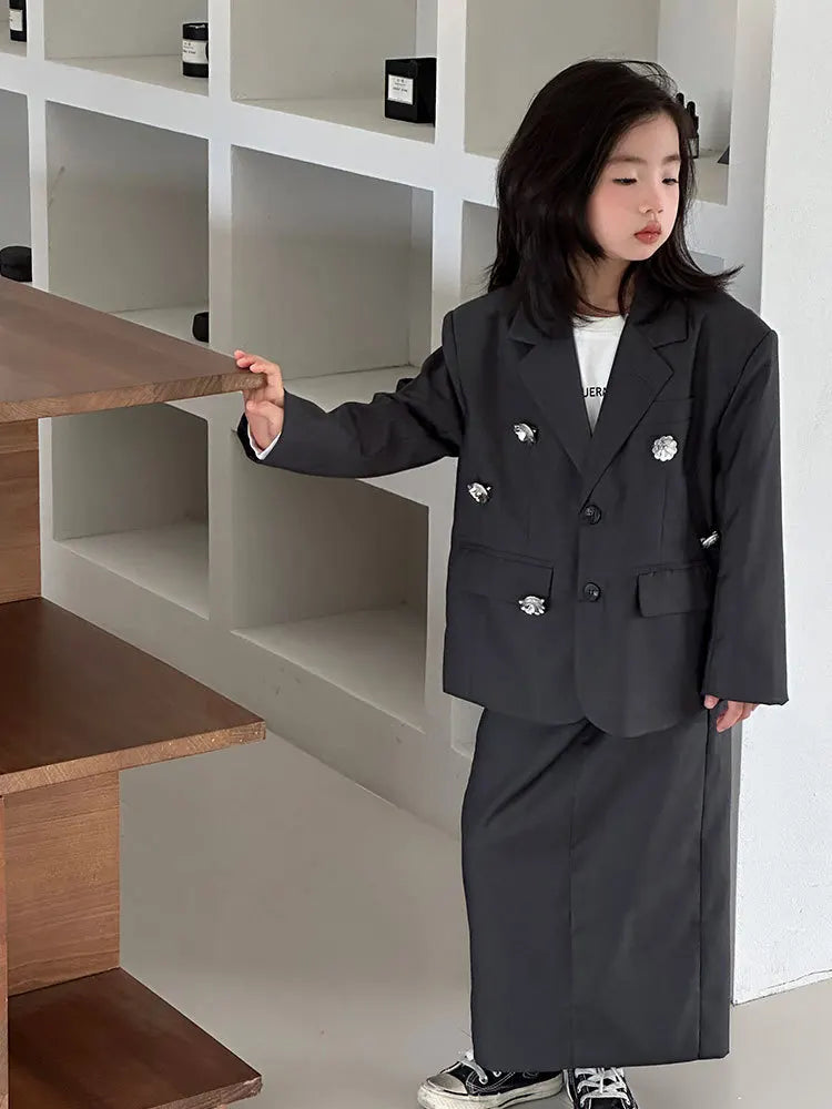 Girls Grey Suit Autumn 2025 Casual Loose Blazer Skirt Two Pieces School Uniform for Kids Wedding Party Formal Costumes 2-13 Year
