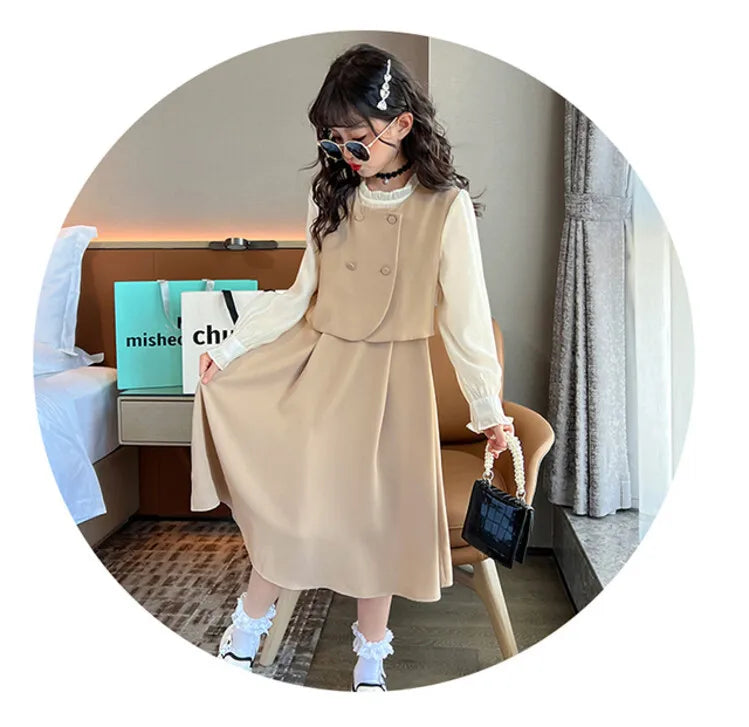 Baby Girls Khaki Dress 2025 New Spring Fashion Simple Casual Style All-match Long Dress Korean Simple Style Dress Clothes