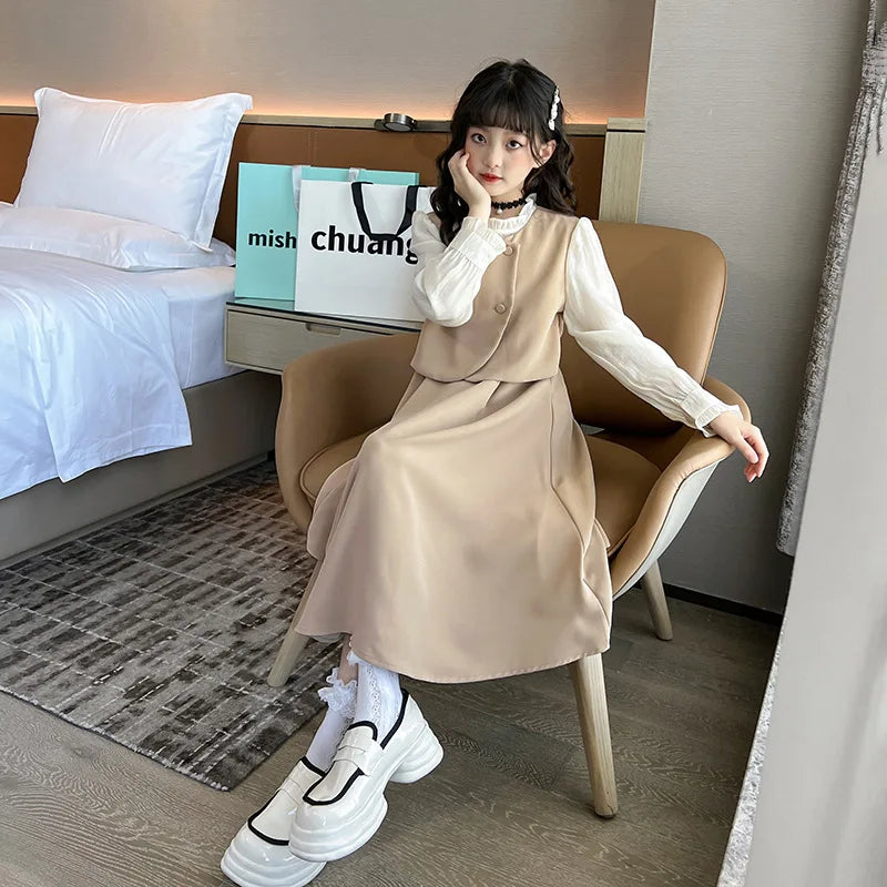 Baby Girls Khaki Dress 2025 New Spring Fashion Simple Casual Style All-match Long Dress Korean Simple Style Dress Clothes