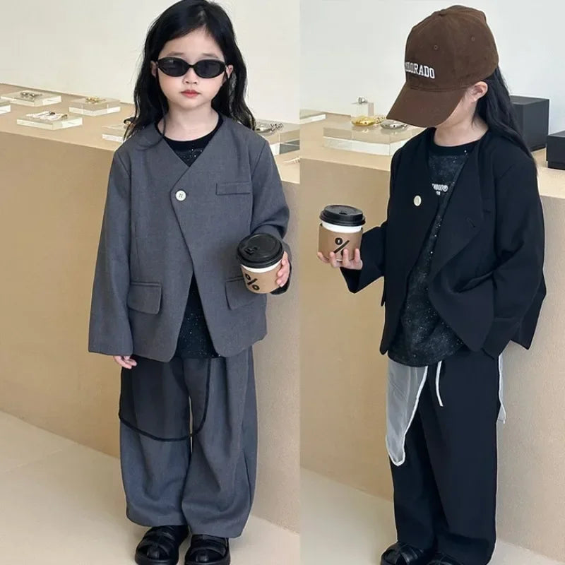 Girls Grey Suit Autumn 2025 Casual Loose Blazer Skirt Two Pieces School Uniform for Kids Wedding Party Formal Costumes 2-13 Year