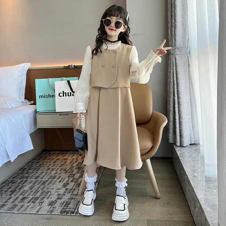 Baby Girls Khaki Dress 2025 New Spring Fashion Simple Casual Style All-match Long Dress Korean Simple Style Dress Clothes