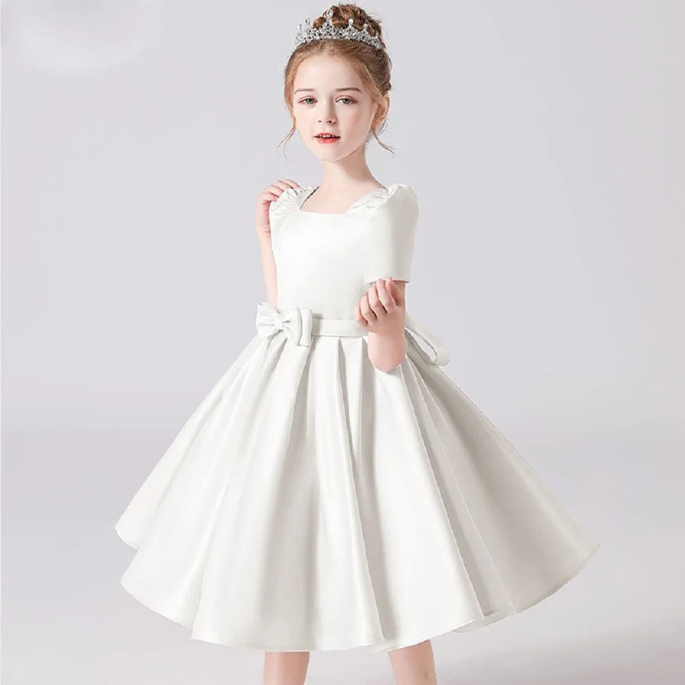 Dideyttawl Customized Satin Short Flower Girl Dress Square Collar First Communion Kids Birthday Concert Party Junior Bridesmaid