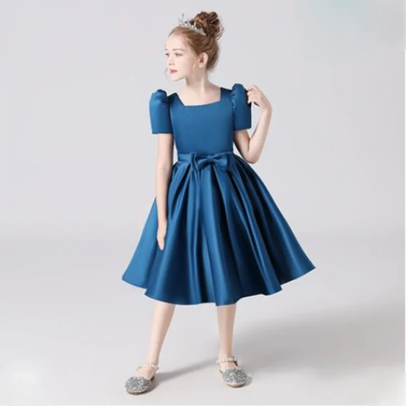 Dideyttawl Customized Satin Short Flower Girl Dress Square Collar First Communion Kids Birthday Concert Party Junior Bridesmaid