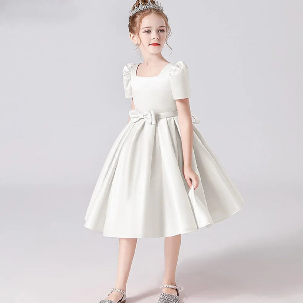 Dideyttawl Customized Satin Short Flower Girl Dress Square Collar First Communion Kids Birthday Concert Party Junior Bridesmaid