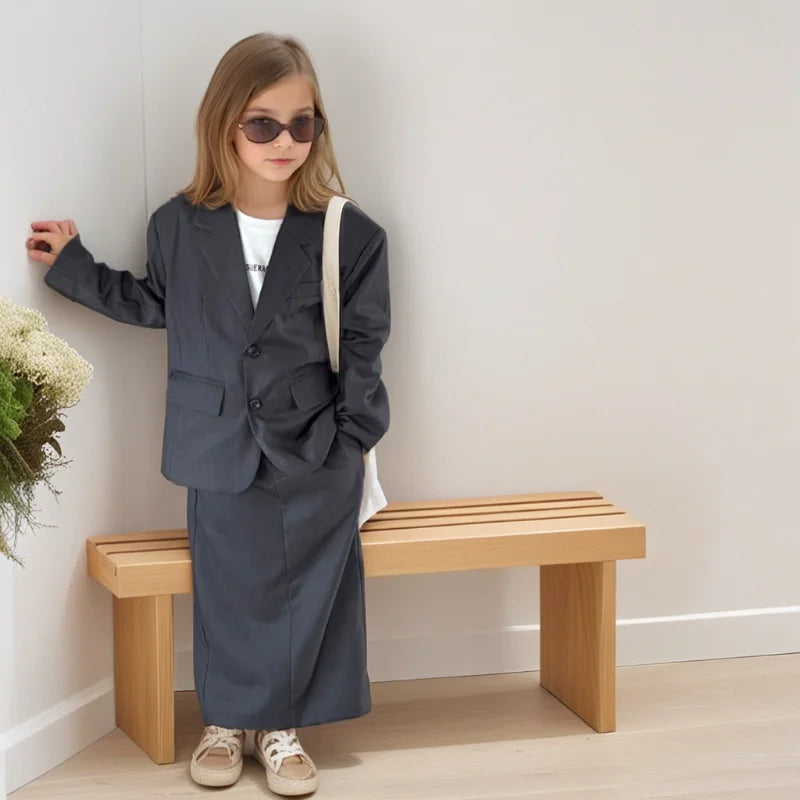 Girls Grey Suit Autumn 2025 Casual Loose Blazer Skirt Two Pieces School Uniform for Kids Wedding Party Formal Costumes 2-13 Year