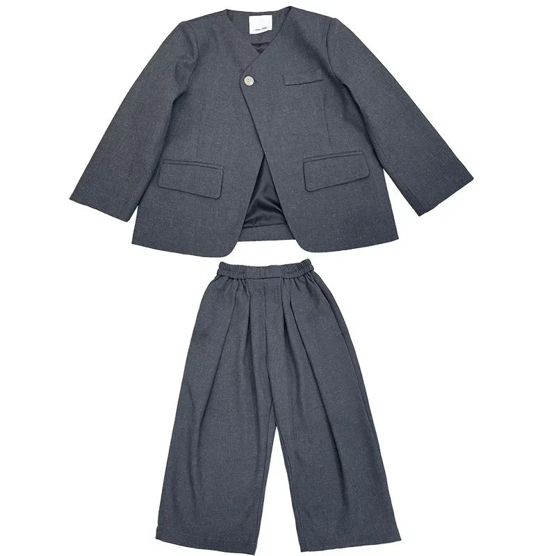 Girls Grey Suit Autumn 2025 Casual Loose Blazer Skirt Two Pieces School Uniform for Kids Wedding Party Formal Costumes 2-13 Year