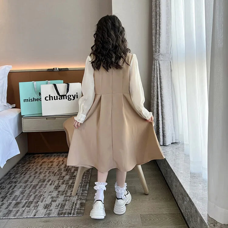 Baby Girls Khaki Dress 2025 New Spring Fashion Simple Casual Style All-match Long Dress Korean Simple Style Dress Clothes