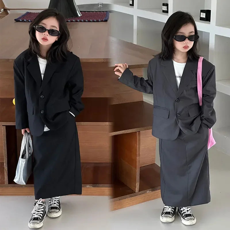 Girls Grey Suit Autumn 2025 Casual Loose Blazer Skirt Two Pieces School Uniform for Kids Wedding Party Formal Costumes 2-13 Year