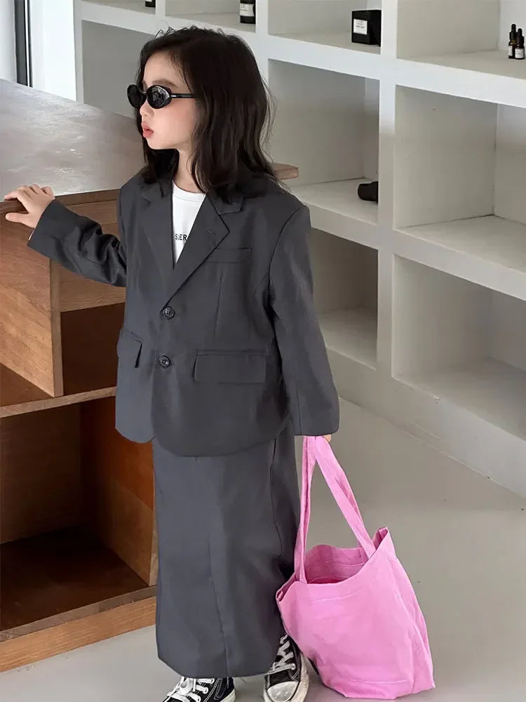 Girls Grey Suit Autumn 2025 Casual Loose Blazer Skirt Two Pieces School Uniform for Kids Wedding Party Formal Costumes 2-13 Year